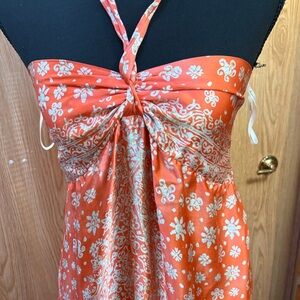 Trinity SILK Orange and White Floral Maxi Dress with adjustable halter straps